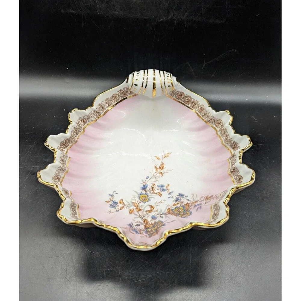 Antique Pink Hand Painted German Porcelain Seashell Serving Bowl Flowers 9.5